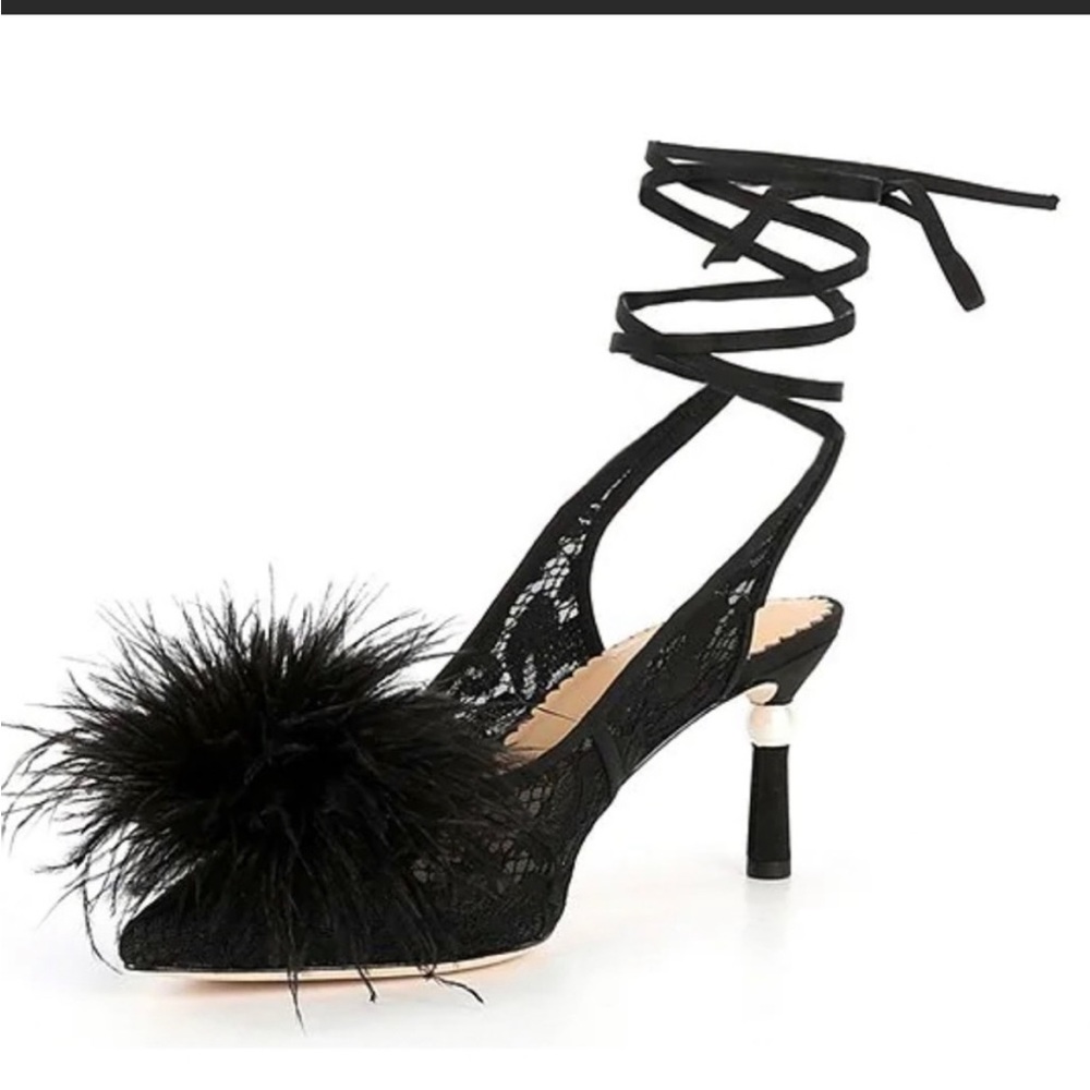 Antonio Melani x Nicola Bathie Claire Ostrich Feather Ankle Wrap Pumps, size 5.5